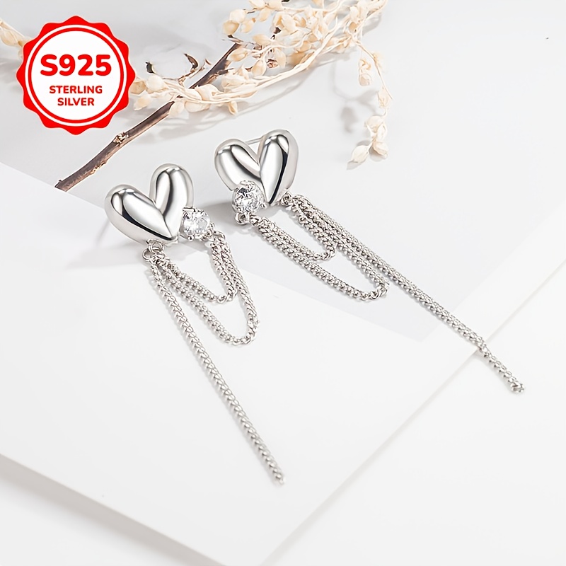 925 Silver Low-Allergy Heart Tassel Earrings